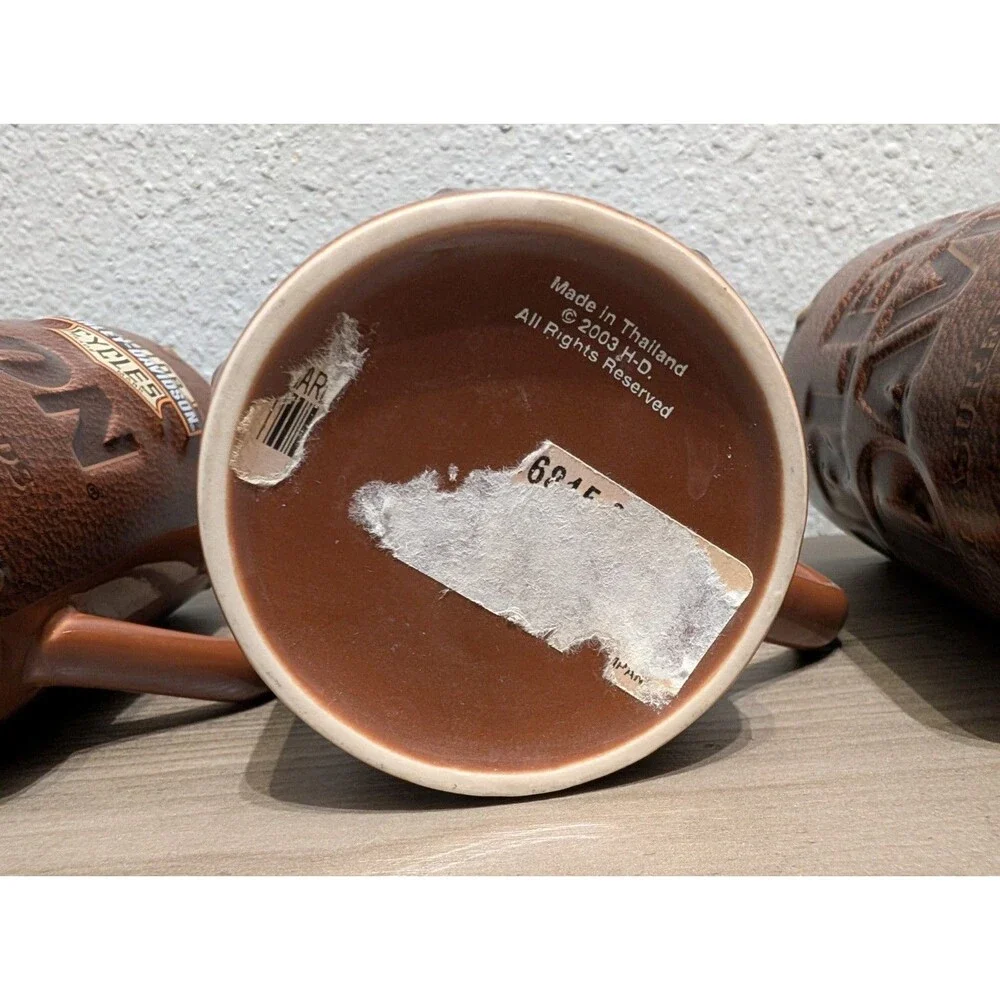 Harley Davidson Mug Lot of 3 2003 Brown 3D Embossed Faux Leather Motorcycle Vtg